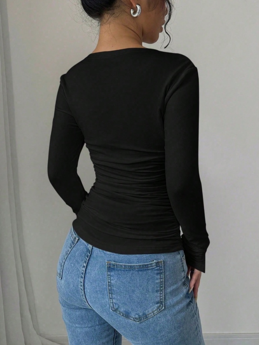 Black Square Neck Long Sleeve Slim Fitted Ruched Tee Shirt - Picture 4 of 9